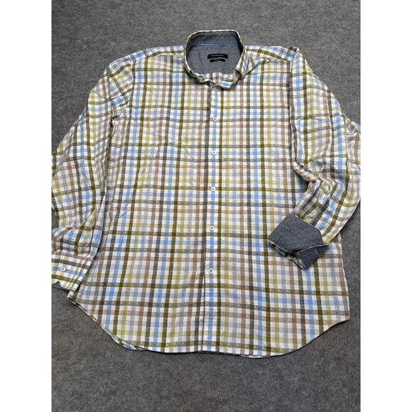 Bugatchi Men Classic Fit Shirt XL Green Blue Brown Plaid Long Sleeve Button Down - Picture 1 of 6